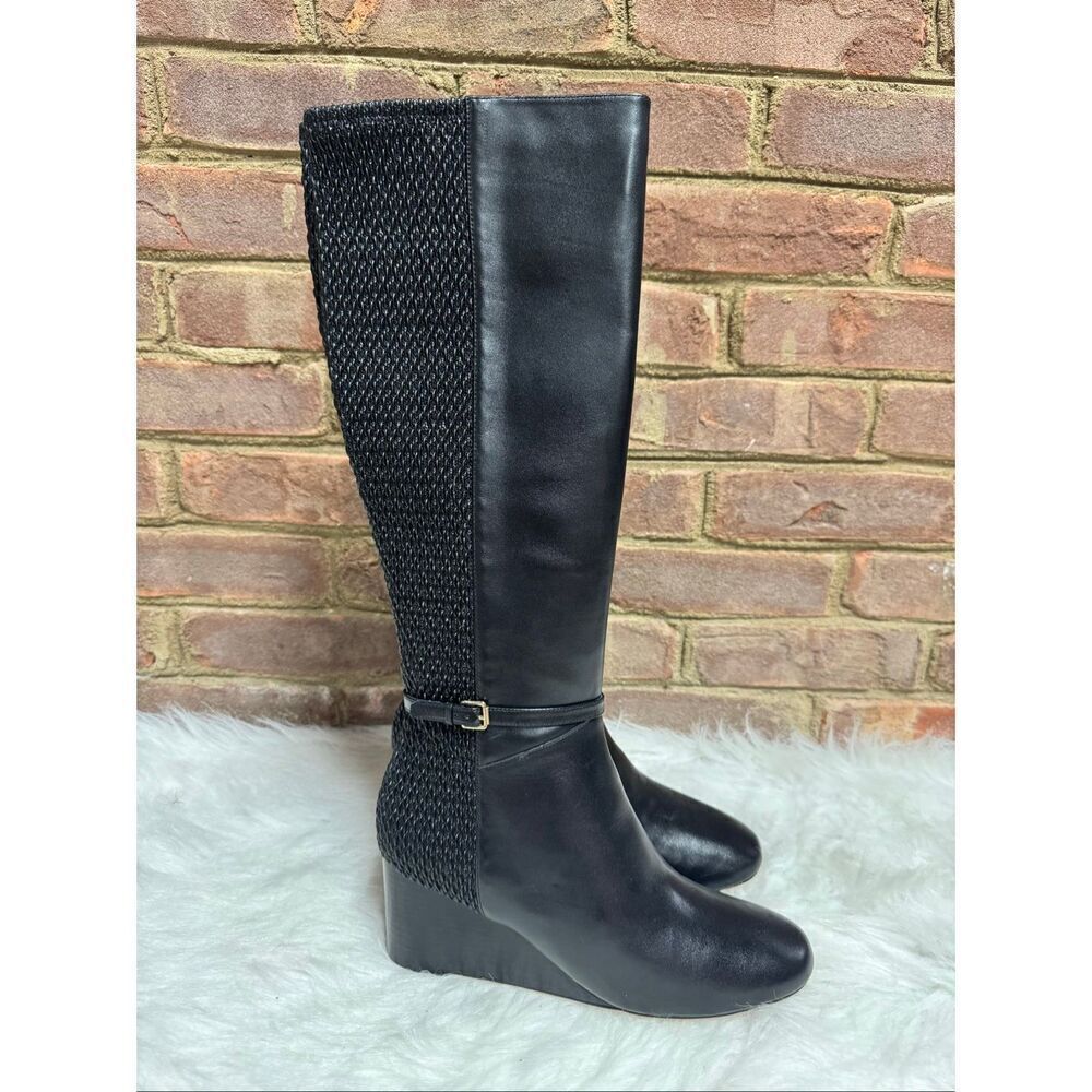 Cole Haan Women’s Black Leather Lauralyn Stretch Wedge Tall Boot Sz 9 NEW
